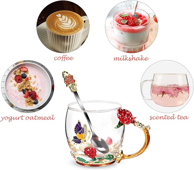 Flower Tea Cup, Butterfly Rose Clear Glass Fancy Coffee Mug