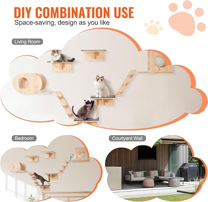VEVOR Wall Mounted Cat Shelves and Perches with Jumping Boards, Cat Beds, Hammocks & Tree, Up to 40 lbs for Sleeping, Playing, Climbing - Set of 7