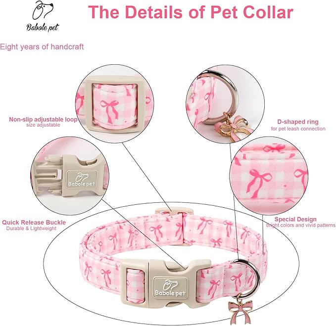 Girl Dog Collar for Giant Large Dogs - Cute Pink Plaid & Bow Print Spring/Summer Puppy Collar, Soft Adjustable Holiday Female Dog Collars with Quick Release Buckle XL