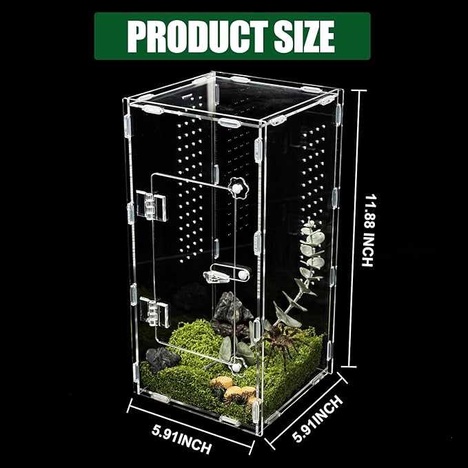Acrylic Jumping Spider Enclosure, Reptile Terrarium Enclosure with Front Opening Door, 5.91×5.91×11.88 Inch Reptiles Habitat Tank Breeding Box for Tarantula Insect Snake Lizard