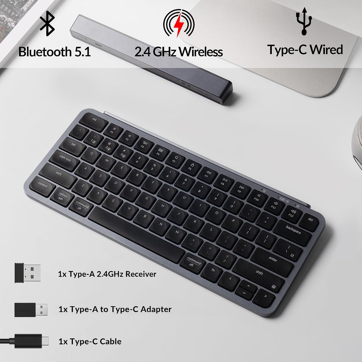 Keychron B1 Pro Ultra-Slim Wireless Keyboard, ZMK/Launcher Programmable Bluetooth/2.4GHz/Wired, 1200 Hours Battery Life, Silent Scissor Switch Office Keyboard for Mac/Windows/Linux - Gray