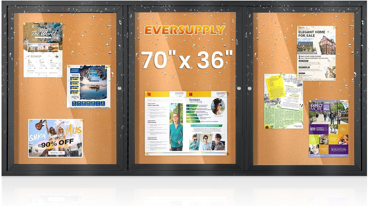 70x36 in Enclosed Bulletin Board Outdoor Cork Board Display Case, Black