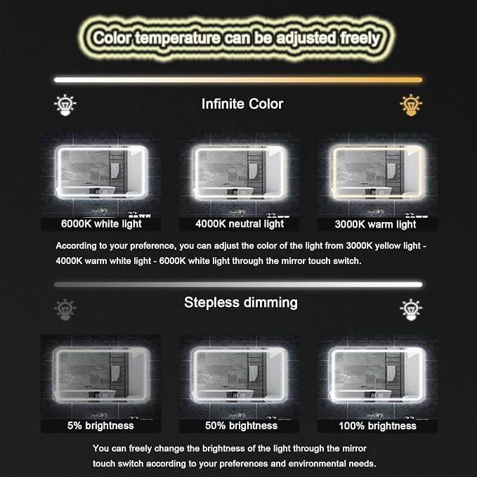 Smart Lighted Bathroom Mirror for Wall，Bathroom Mirror