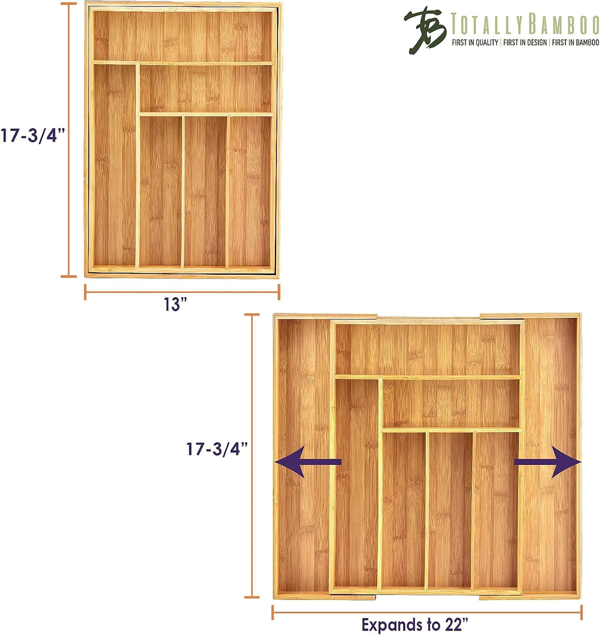 Totally Bamboo Kitchen Drawer Organizer, Expandable Silverware Organizer and Utensil Holder, 8 Compartments with Dividers