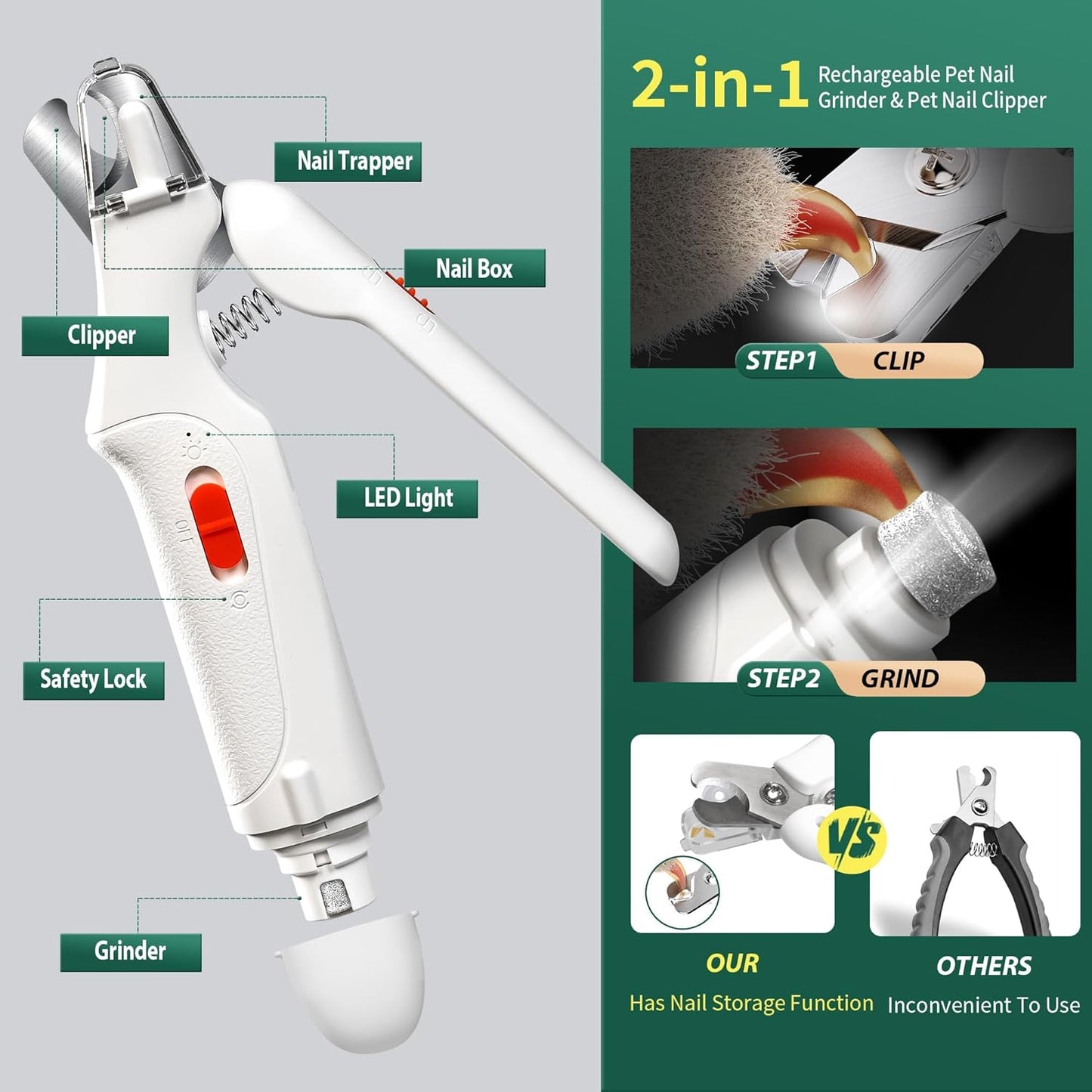 Dog Nail Clippers & Cat Nail Clipper With Catcher, 2 In 1 Dog Nail Trimmers & Grinder With Light for Large Small Dogs Cats,Silent Groom Pro Claw Trimmer, Rechargeable Dogs Nails Grinder Quiet