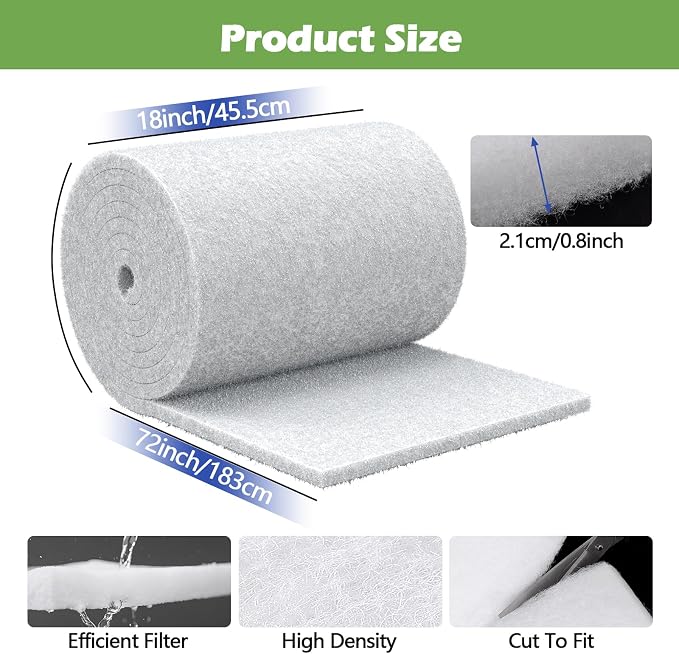 Classic Pond Filter Pad Aquarium Media 18"x72"x1", 9 Ft² White Thicker Reusable