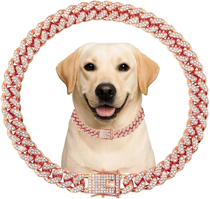 Cuban Link Dog Chain Collar Rose Gold Crystal Dog Necklace Metal with Design Secure Buckle Pet Collar Jewelry Accessories for Small Medium Large Dogs Cats(Rose Glod 18inch)