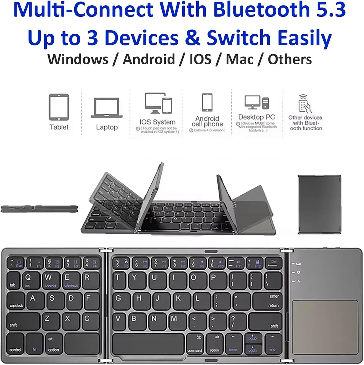 Slim Foldable Wireless Keyboard Compatible with Microsoft Surface Book Pro 3/2 Performance Includes TOUCHPAD Mouse /48H Use/560 Days Standby/Portable/Compact/Tri-Fold/Rechargeable