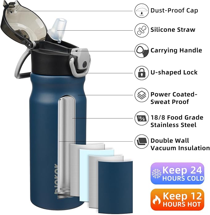 BJPKPK 18 oz Water Bottle with Straw & Handle, Insulated Stainless Flask | Leak