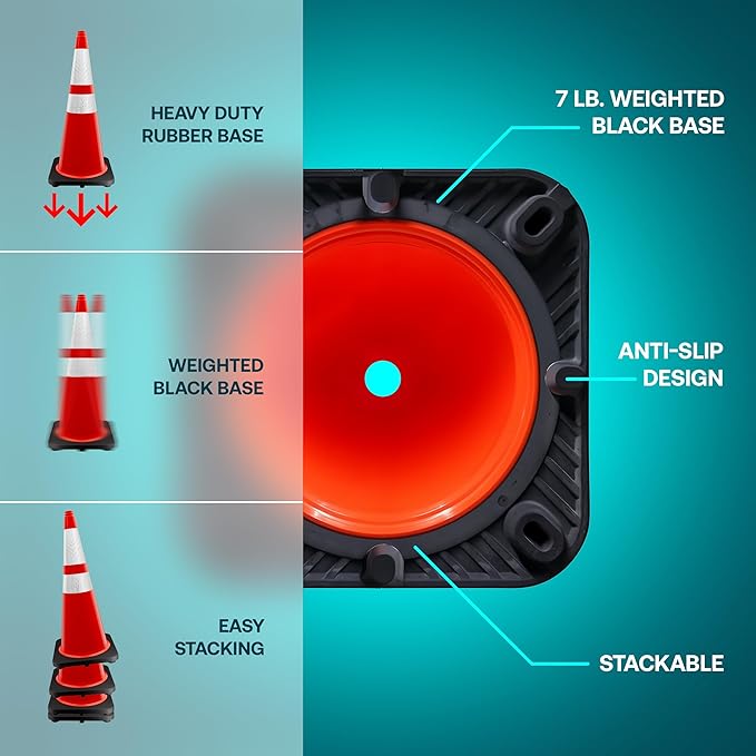 Brimar 28 Inch Traffic Cones, 8 Pack, Orange PVC Safety Cones with Black Base for Construction, Road Parking, MUTCD Approved Traffic Cones with 3M Reflective Bands, Structurally Stable Wearproof