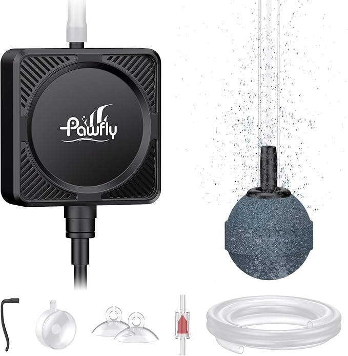 Pawfly Mini Aquarium Air Pump, Ultra Quiet Oxygen Aerator Kit for 1-15 Gallon Fish Tanks with Air Tubing, Air Stone, Check Valve & Suction Cups