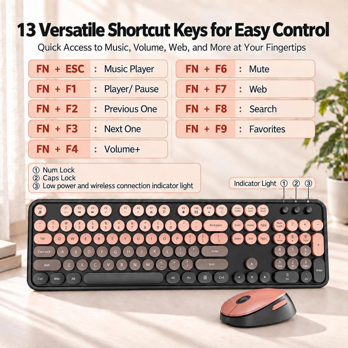 Nowlike Wireless Keyboard and Mouse Combo, Retro Typewriter Keyboard with Round Keycaps, Full-Size Ergonomic, Red, Ideal for Windows PC, Home, Office, and College, Wireless Keyboard Mouse Combo