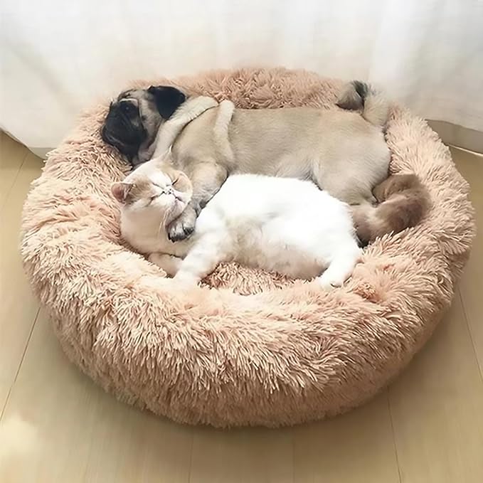 Calming Dog Bed for Small Dogs, Calming Donut Cuddler Pet Bed Anti Anxiety Round Dog Bed Fluffy Plush Faux Fur Cat Bed,Colorful Pink,31.5IN