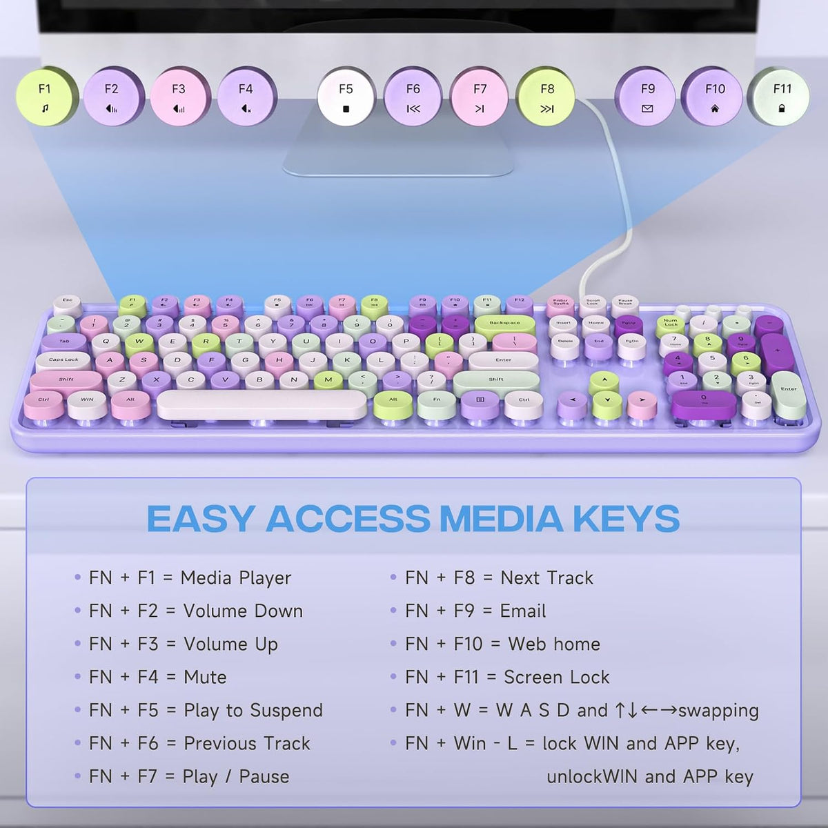 Atelus Computer Wired Keyboard, Plug Play USB Full-Size Keyboard with Large Number Pad, Caps Indicators, Foldable Stands, for Windows 7/8/10 PC Laptop (Purple Colorful)