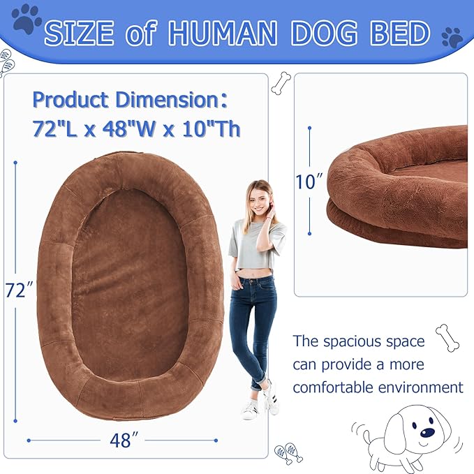 Human Dog Bed - 72"x48"x10" Large Gaint Shared Bed for Adult - Flufelbed Standard Cloud Bed for Humans and Dogs - Nap Bed Bean Bag Bed Faux Fur Fluffy Orthopedic Pet Bed Large Brown