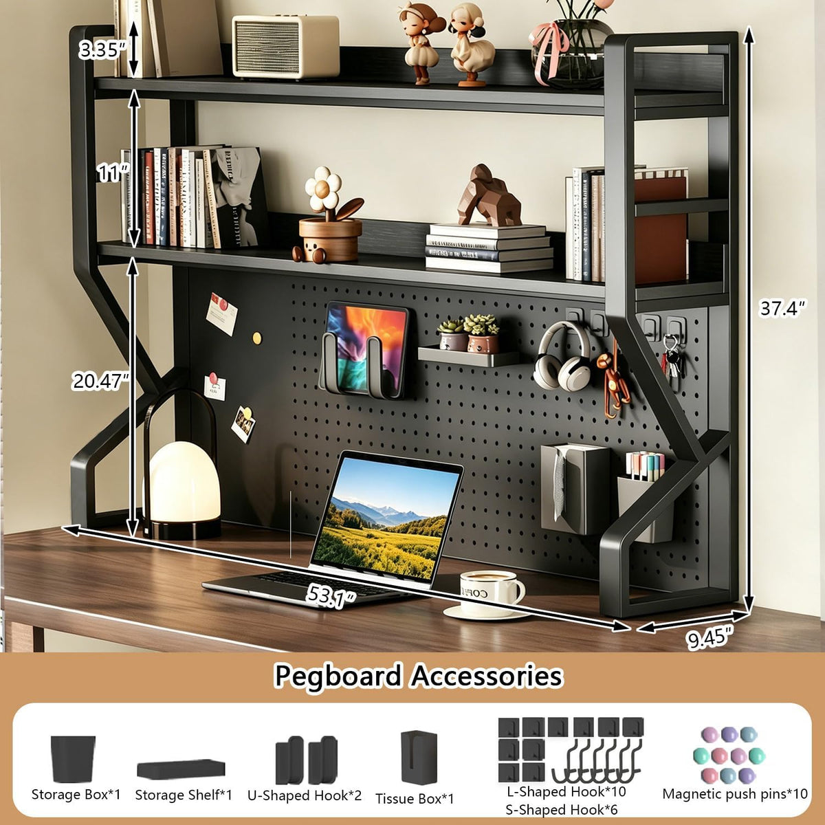 Desk Shelf, 53.1" L 2-Tier Desktop Organizer Desk Hutch Storage Rack with Hole Plate Multi-Functional Workstation Organizer Bookcase Computer Desk for Home Office Dorm Top of Desk