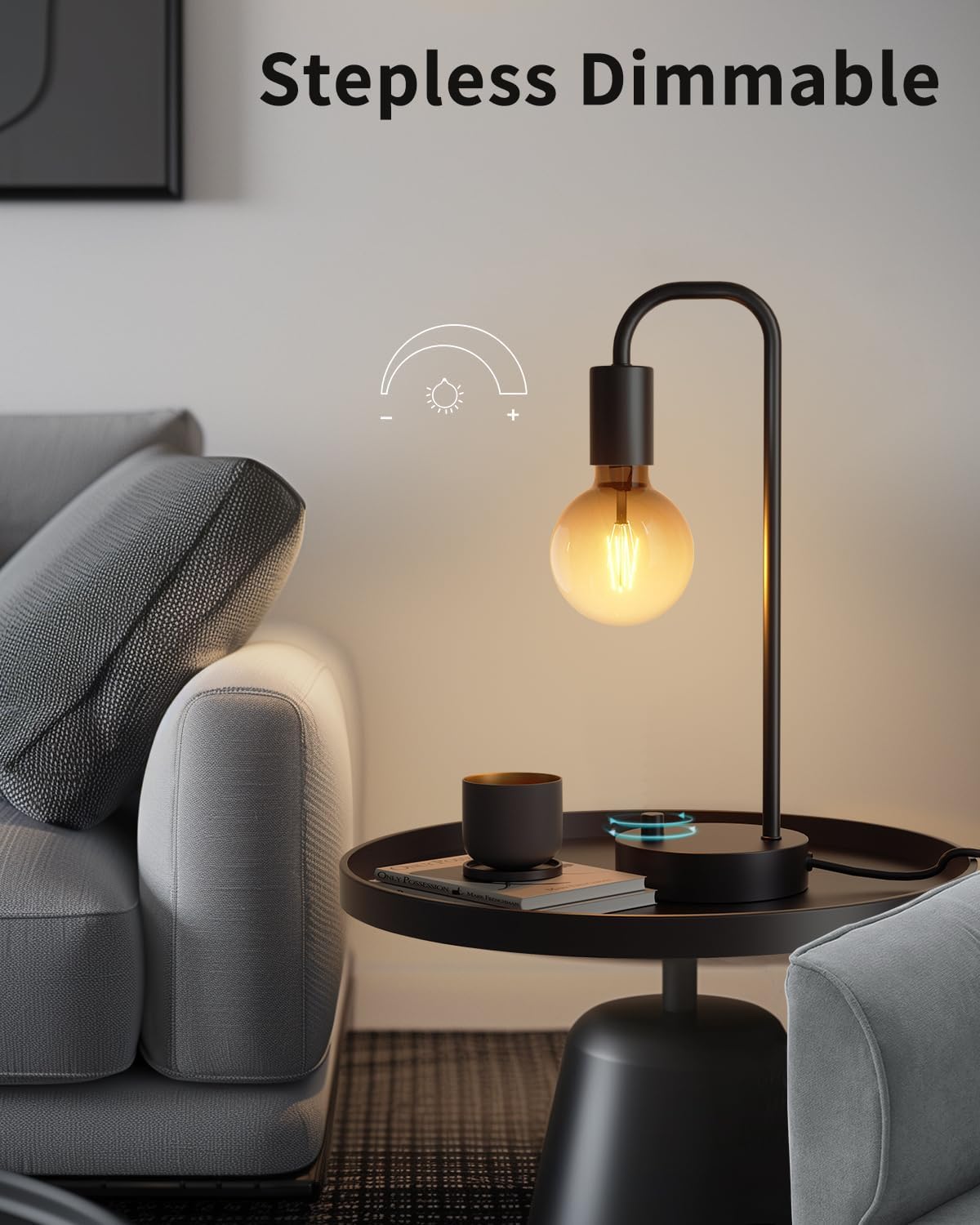 ONEWISH Industrial Table Lamp Set of 2, Fully Dimmable Beside Lamp with Gradient Black Art LED Bulb, Modern Nightstand Desk Lamps for Bedroom, Living Room, Office, Reading(Bulb Included)