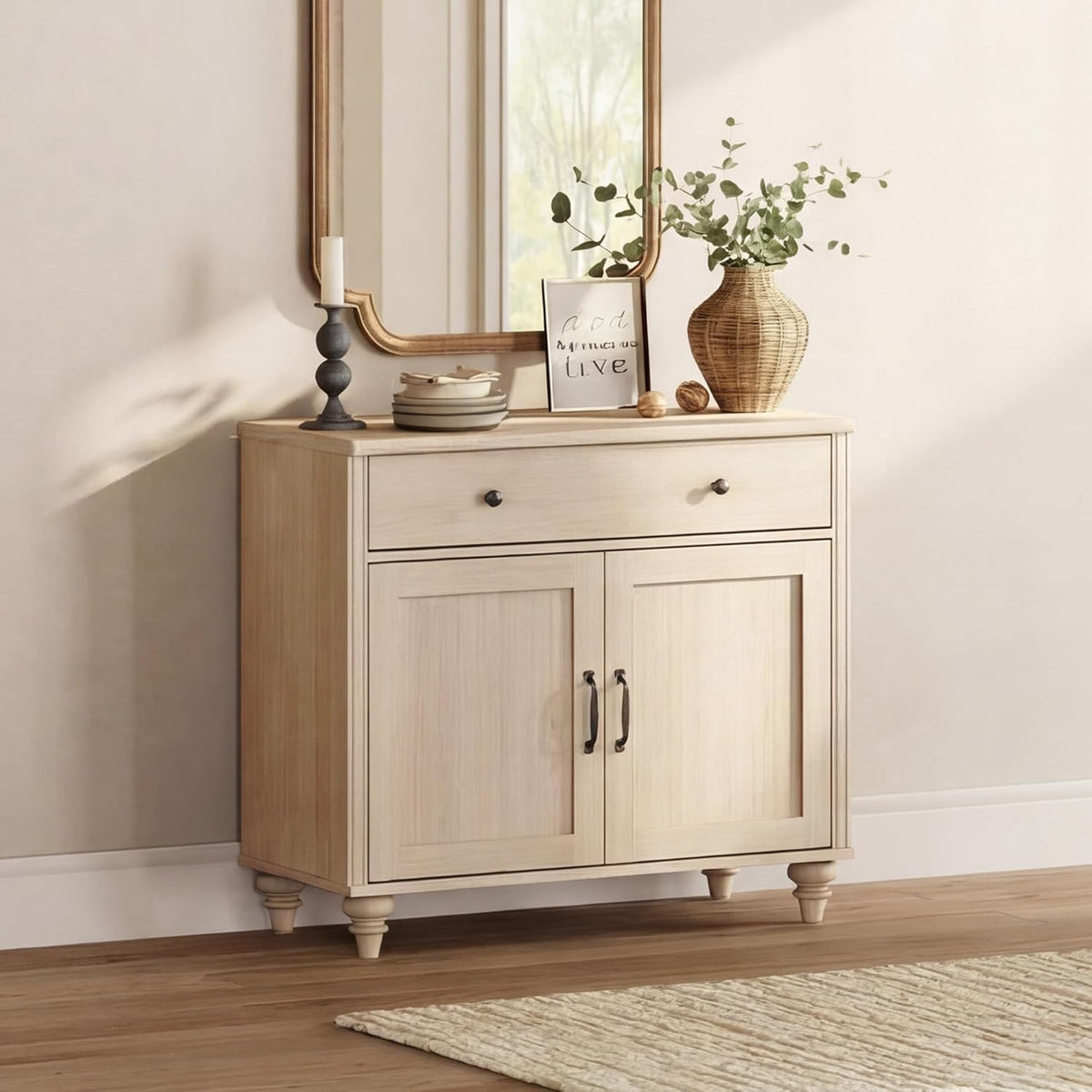 WAMPAT Farmhouse Buffet Cabinet with Doors & Drawer, Light Oak, 34 inch