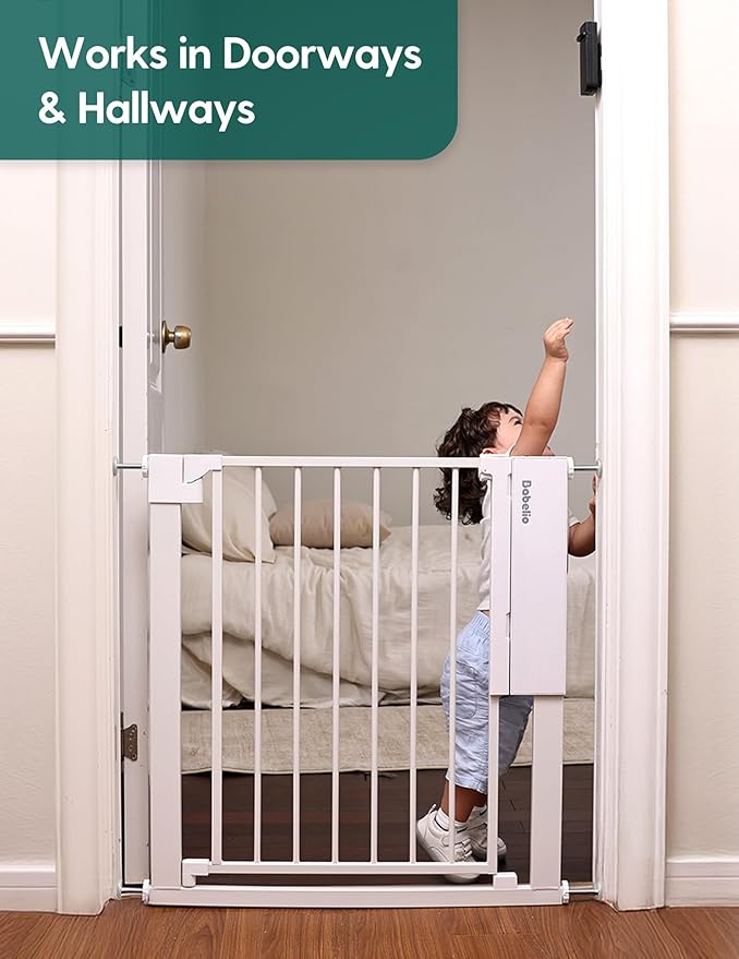 Babelio Smart Baby Gate with Auto-Unlock/Close, Pressure Mounted No Drill for Doorways/Top of Stairs. Pet/Dog Door Wide Walk Thru w/Infrared Sensor & Instant Safety Alert (White, 26.3-37.8" W, 30" H)