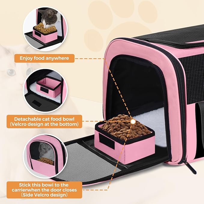 Soft Cat Carrier for Pets Up to 15 lbs, TSA Approved for Airline in-Cabin, Cat Travel Bag with Detachable Cat Food Bowl, Pet Carriers for Small Dogs, Waterproof Travel Puppy Carry, Pink
