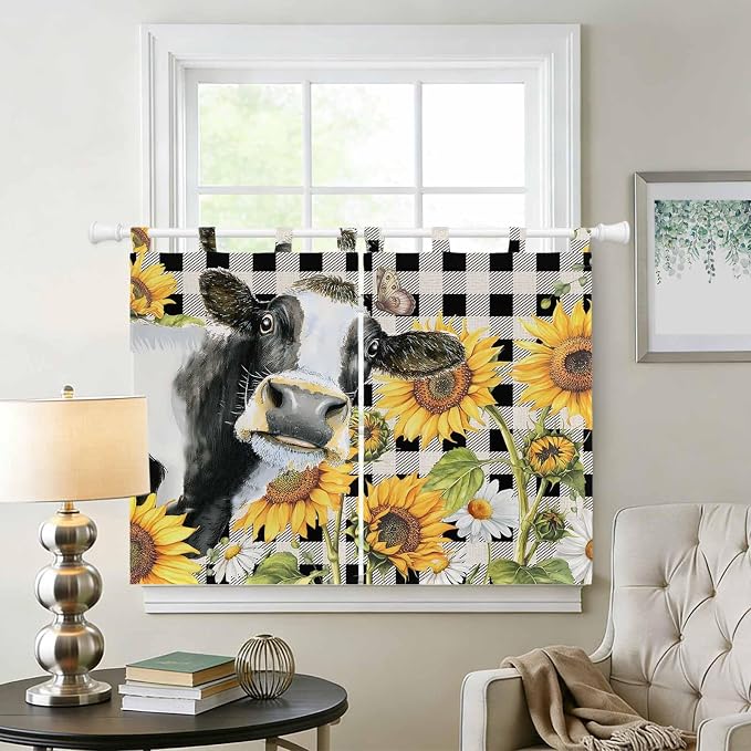 Retro Sunflowers Bedroom Curtains 63 Inch Length, Window Curtains Tab Top