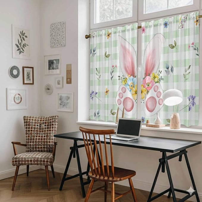 Easter Kitchen Tier Curtains 45 Inch Long 2 Panel Set, Rod Pocket Short Window