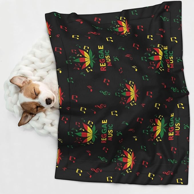 Two Sided Pet Cuddler Blanket for Anxiety Calming, Rasta Reggae Music Note Weedleaf Leaf, Reversible Plush Design with Bubble Dot Pattern Provides Familiar Surface Anywhere