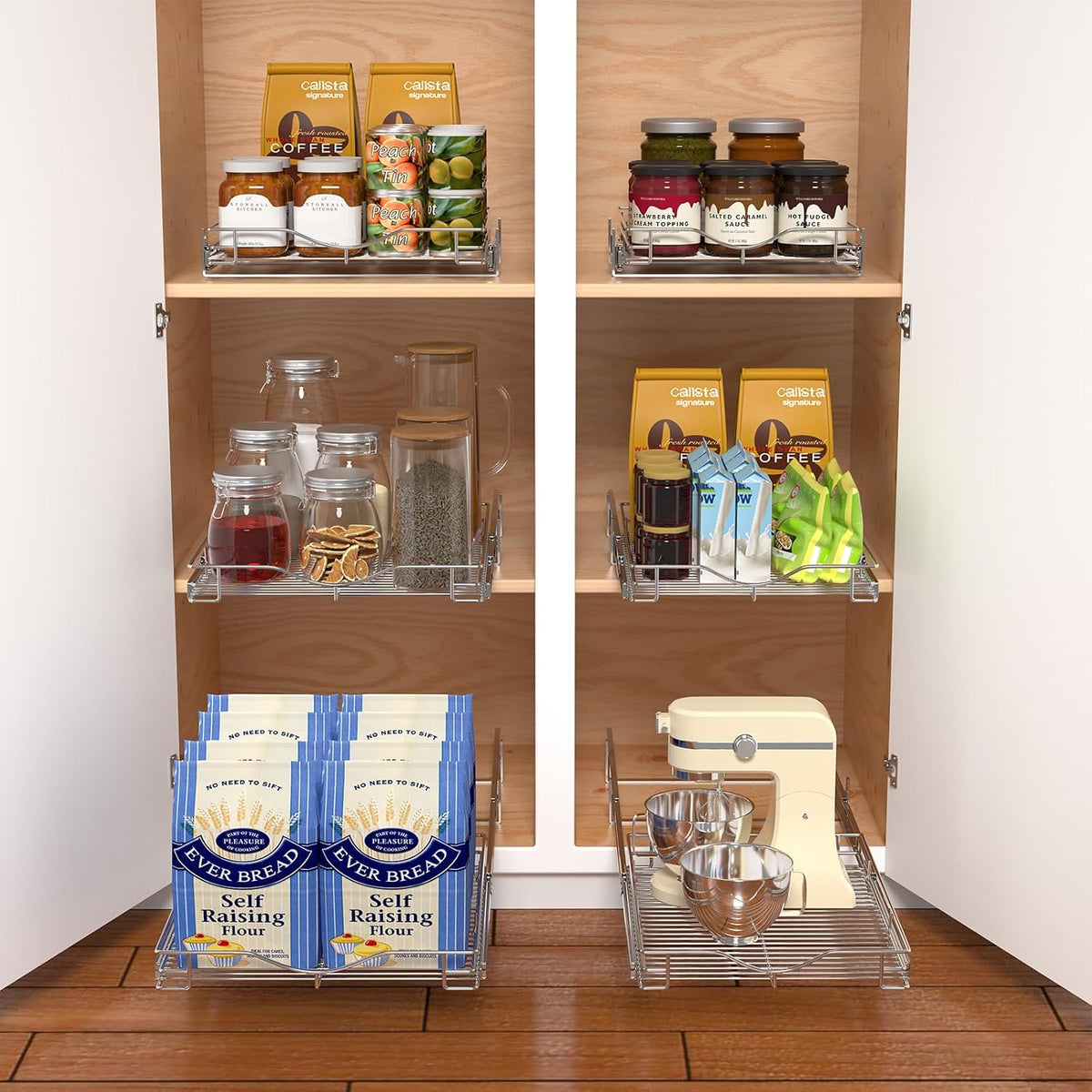 DINDON Pull Out Cabinet Organizer, (11" W x 21" D) Heavy-Duty Metal Sliding Drawer Shelf, Bathroom Under Sink Kitchen Cabinets Organizer and Storage Slide Out Shelves, Chrome, 1 Tier, 2 Pack