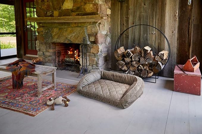 Orvis ComfortFill-Eco Bolster Dog Bed - Plush Rectangular Dog Beds with Three-Sided Bolster for Leaning, Brown Tweed - L