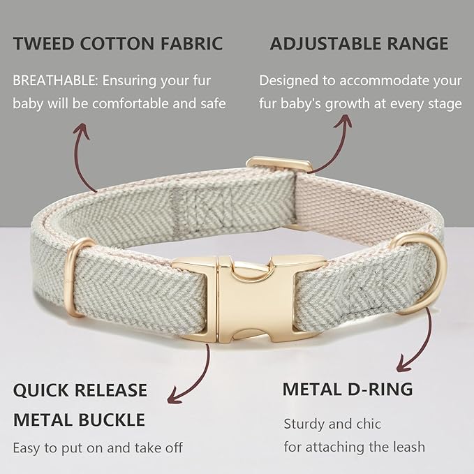 Soft Cotton Hemp Dog Collar with Metal Buckle Adjustable Twilled Dog Collars for Small Medium Large Dogs(Grey,Large)