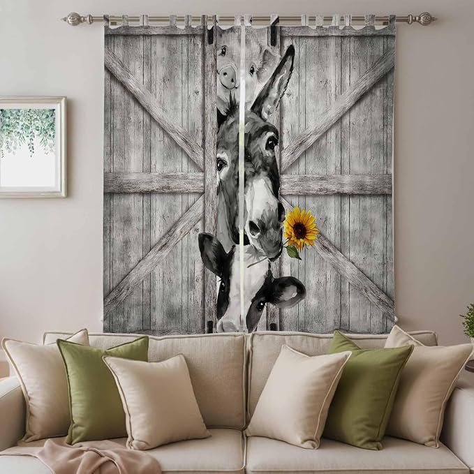 Funny Farm Animals Living Room Curtains 96 Inch Length, Window Curtains Tab Top