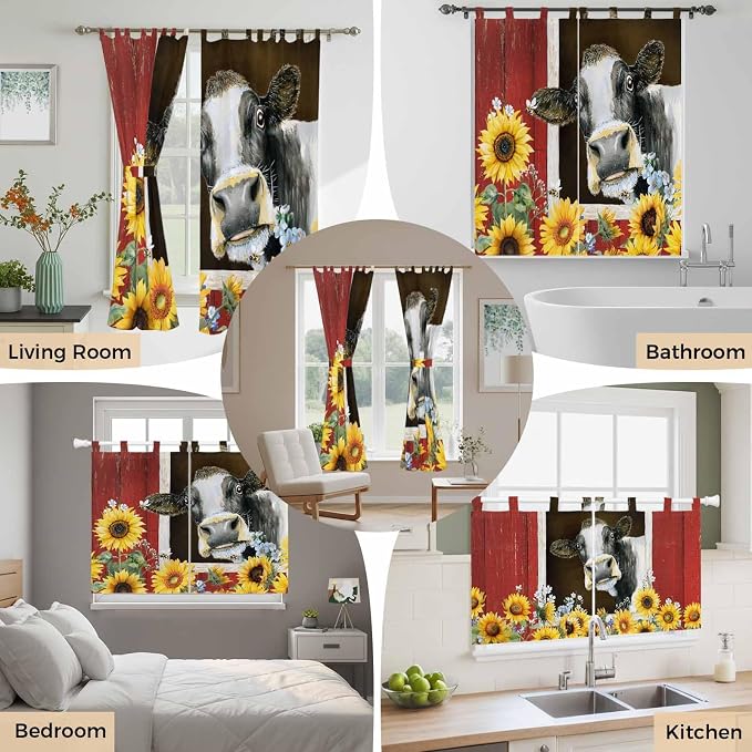 Cows Sunflowers Kitchen Curtains 24 Inch Length, Small Window Curtains Tab Top