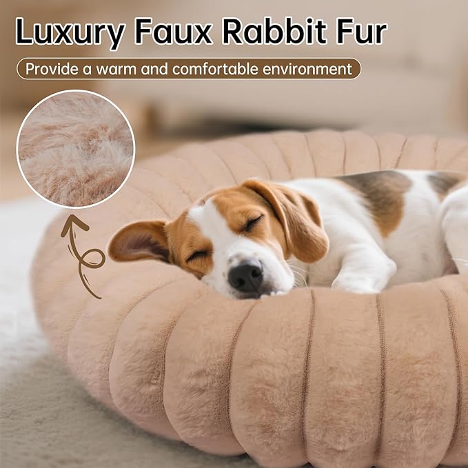 Donut Dog and Cat Bed, Luxurious Comfortable Faux Rabbit Fur Pet Beds, Round Anti-Anxiety Calming Puppy Kitten Bed with Anti-Slip Bottom for Small Medium Dogs & Cats(23", Brown)