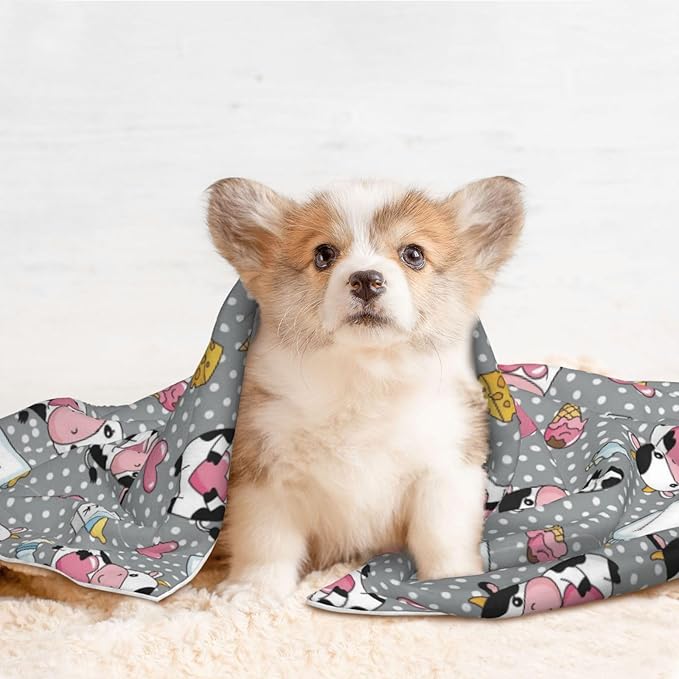 Two Sided Pet Cuddler Blanket for Anxiety Calming, Cartoon Cow Character, Reversible Plush Design with Bubble Dot Pattern Provides Familiar Surface Anywhere