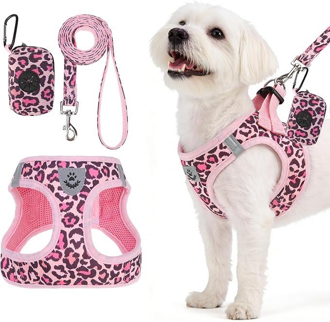 PAWCHIE Dog Harness and Leash Set,Step in No Pull Soft Pet Harness, Reflective Adjustable Puppy Vest for Small Medium Dogs Cats,No Choke Harness Vest with Poop Bag Holder for Walking,Running,Leopard M