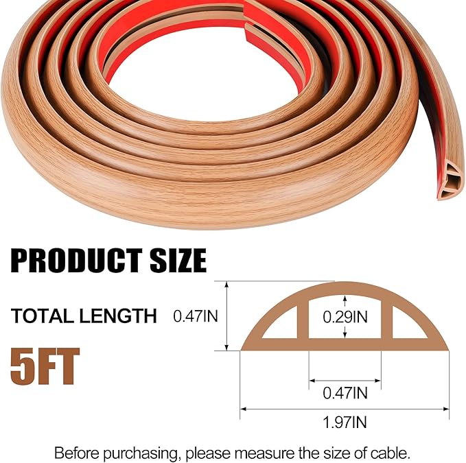 MYFAMIREA 5FT Floor Cord Cover for Wire Self Adhesive Cable Cavity Management PVC Extension Cord Hider Power Floor Wire Protector Cover Prevent Cable Trip for Office Home Outdoor (Brown Wood, 1.97'')