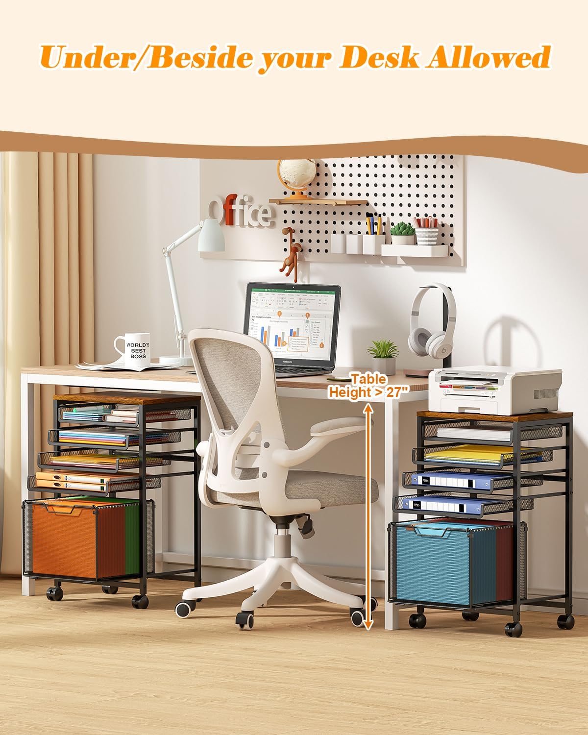 Feyejade Compact 5-Tier Rolling File Cart, Under Desk Metal Filing Cabinet