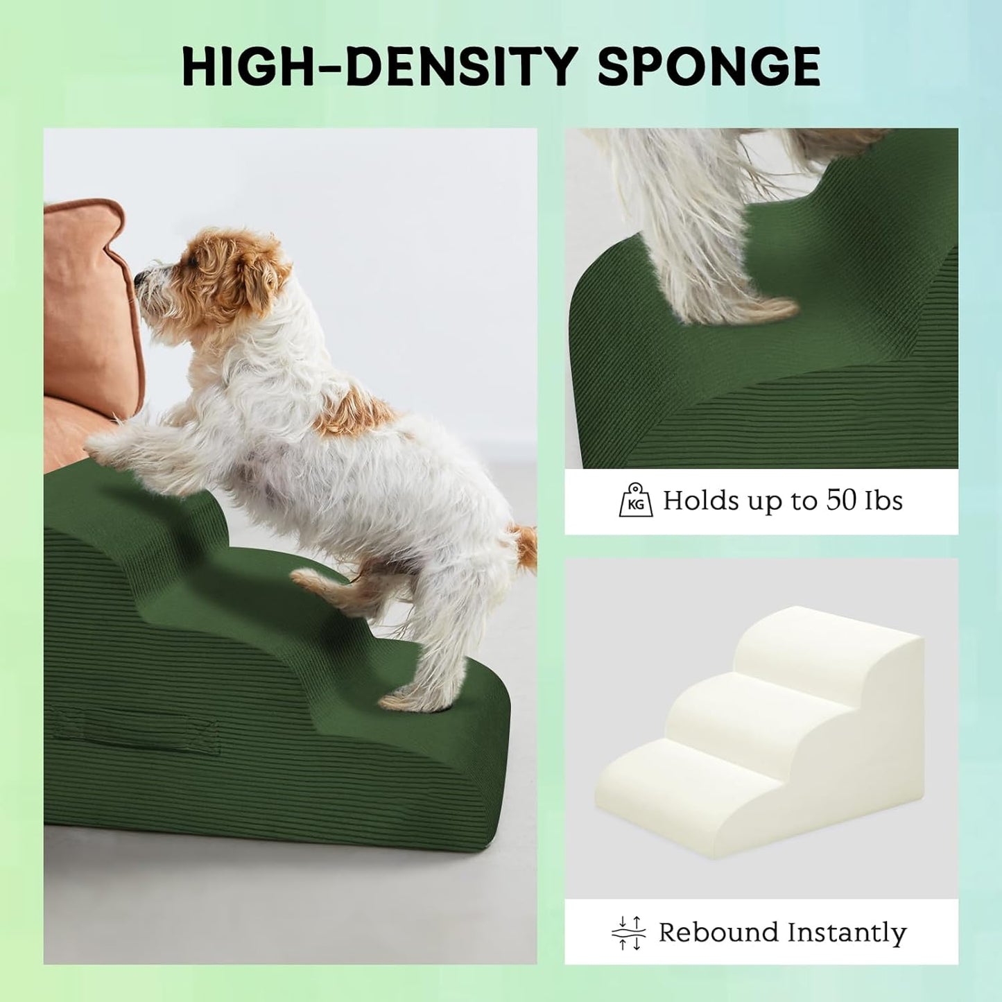 Dog Steps for Small Dogs, 3-Step Pet Ramp Stairs for High Beds and Sofa, Non-Slip Pet Stairs for Small Dogs and Cats, Removable and Easy to Clean Cover, Green