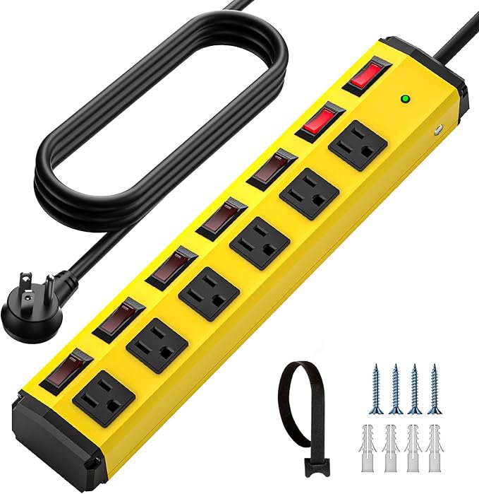 CRST 6-Outlet Heavy Duty Metal Power Strip with Individual Switches, 15AMP/1875W Surge Protector Power Strip(1200 Joules) for Home Garage Office Kitchen School, 6FT 14AWG Cord (Yellow)