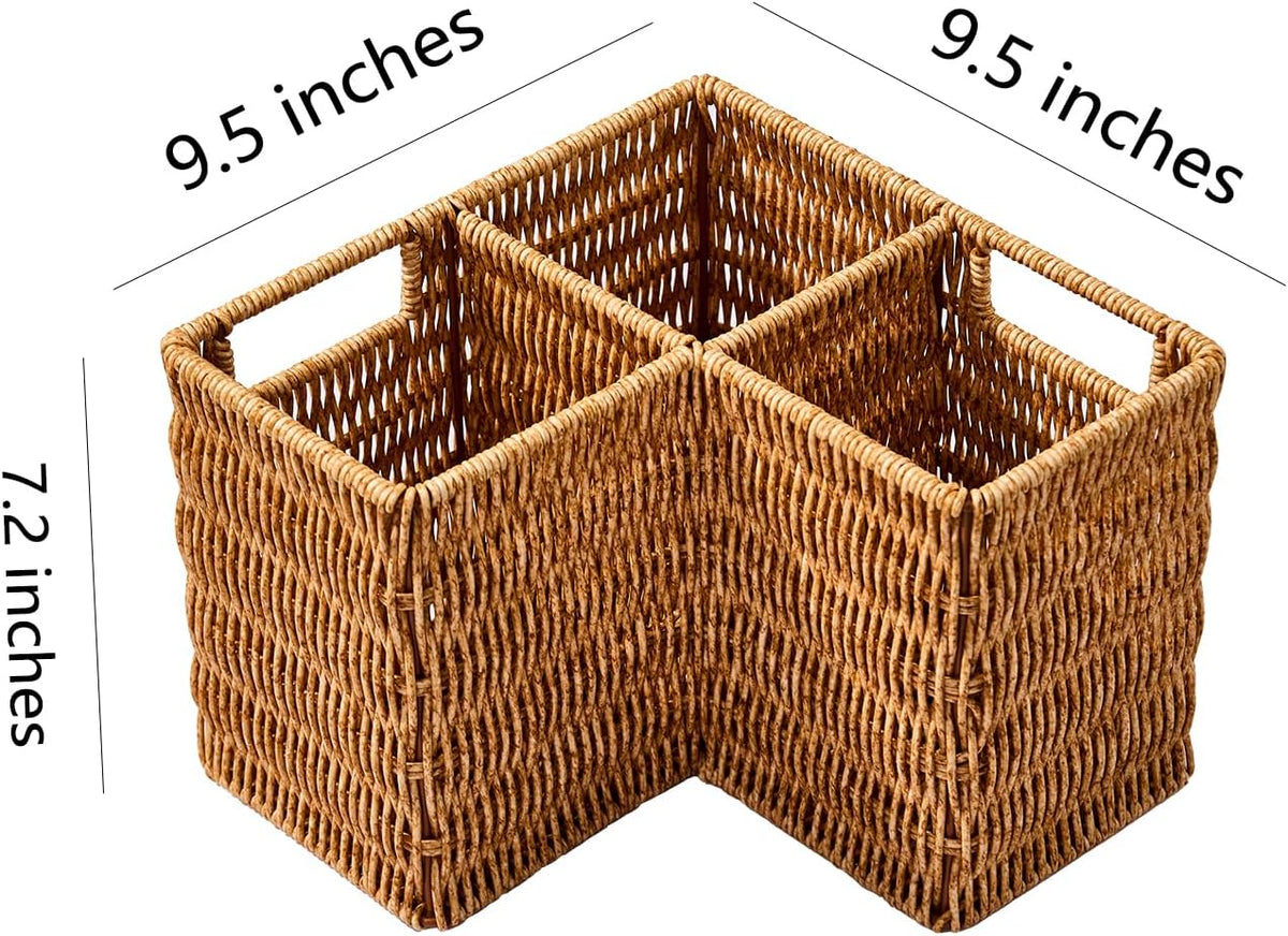 Berdeng 3-Compartment Silverware Caddy, Faux Rattan Utensil Holder with 2 Handles, Washable Woven Flatware Organizer for Forks, Knives and Spoons, Kitchen Countertop and Dining Table
