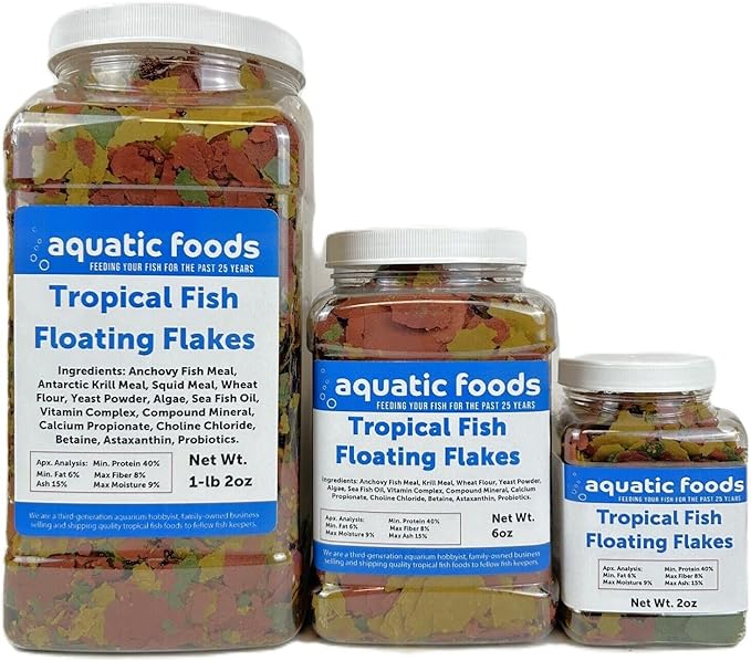 Aquatic Foods Inc. Tropical Fish Flakes, Mix of Krill, Color Enhancing, Spirulina Flakes for Cichlids, Angels, Live Bearers, Tetras, Guppies, All Tropical Fish...WL 1-lb 2oz Lg Jar
