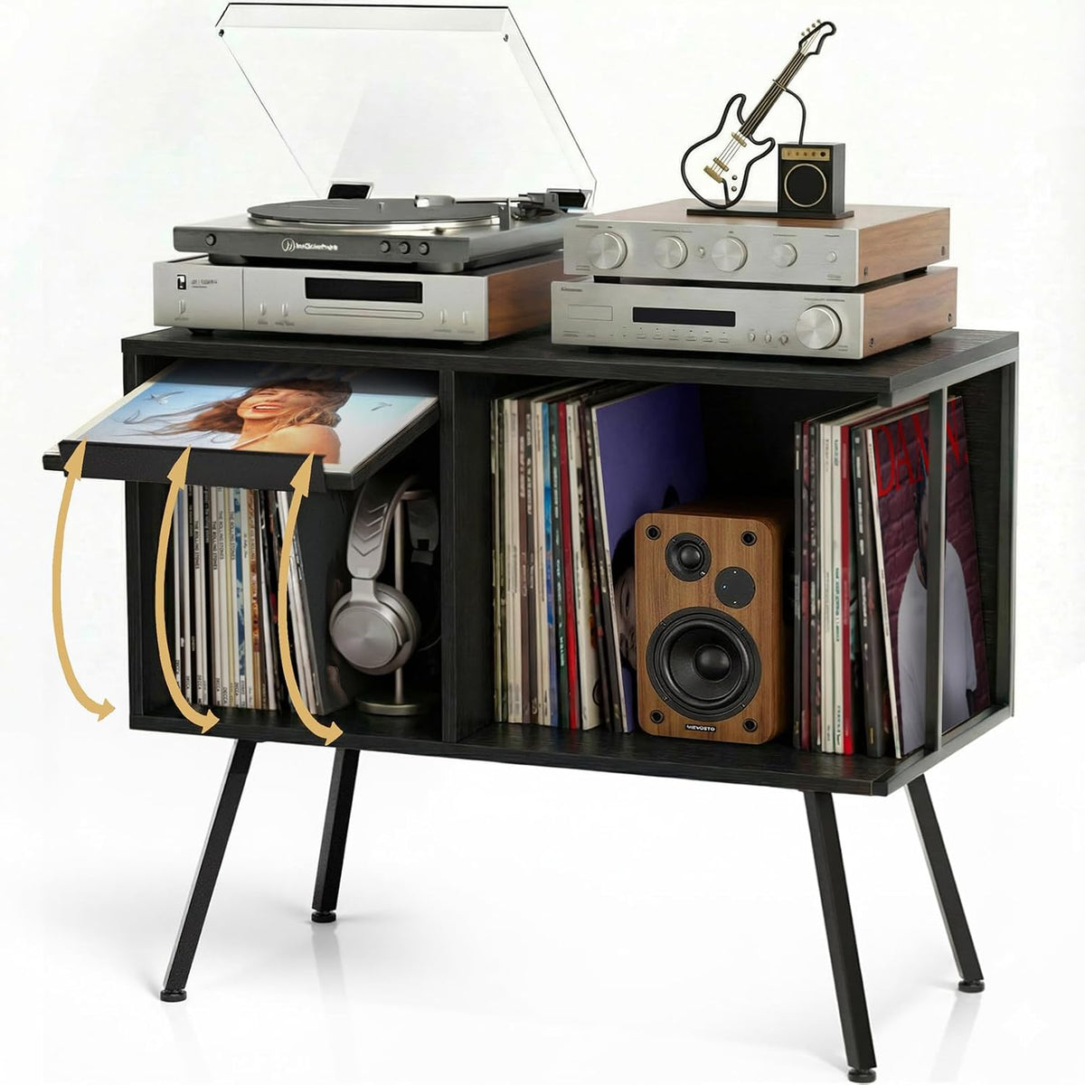 Faesun Record Player Stand with Flip-Down Record Shelf, Black