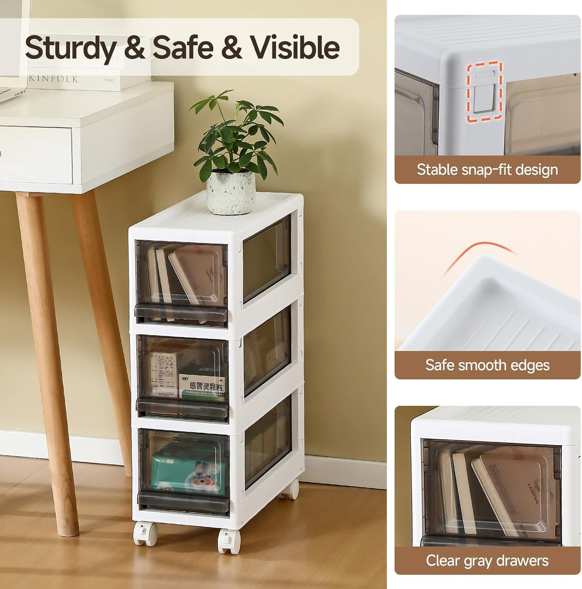 Plastic 3 Drawer Storage Organizer, Narrow Plastic Storage Drawers with Wheels, Storage Cart with Drawers for Small and Narrow Space, 7.87-inch Wide (gray)