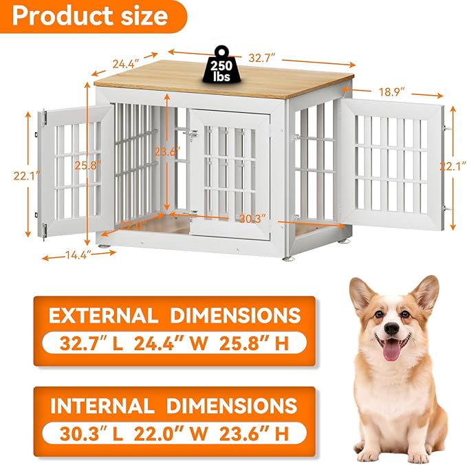 32" Heavy Duty Dog Crate Furniture for Small,Medium and Large Dogs,Rustic Wooden Dog Cage Kennel Indoor Furniture with Waterproof Top,Decorative Pet House Side End Table (White & Wood)