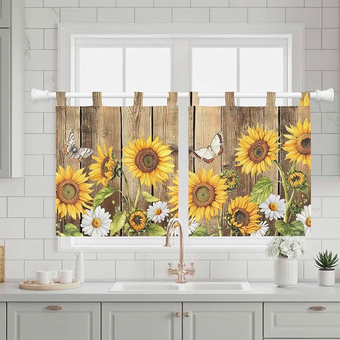 Farmhouse Sunflowers Kitchen Curtains 24 Inch Length, Small Window Curtains Tab