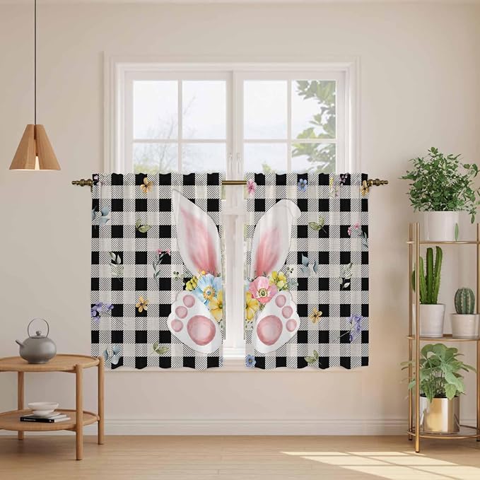 Easter Kitchen Tier Curtains 45 Inch Long 2 Panel Set, Rod Pocket Short Window