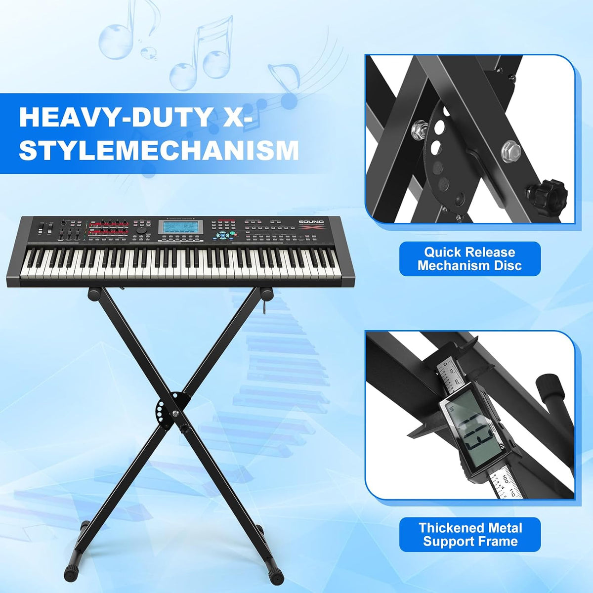 Height Adjustable Keyboard Stand With Quick Release Mechanism - Double X Foldable Heavy Duty Instrument Stand With Locking Straps for 54-61-88 Key Electronic Pianos