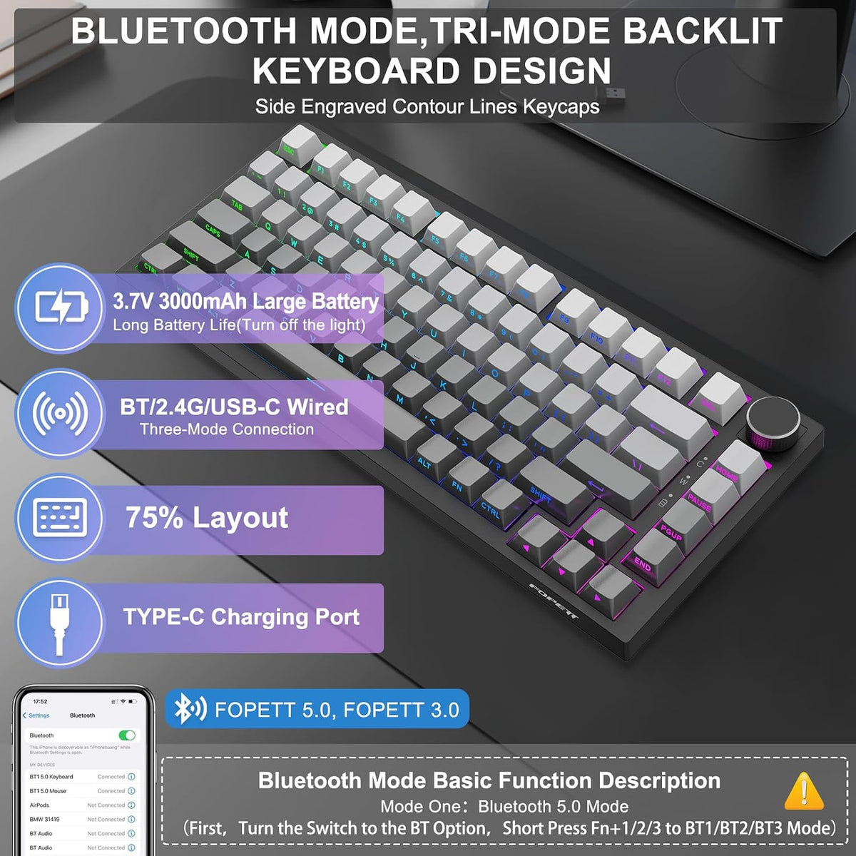 FOPETT Wireless Mechanical Keyboard Rechargeable Adjustable Backlight Three Mode Wired /2.4G /Bluetooth Side Engraved for Laptop/Windows/PC - Gradient Grey Black