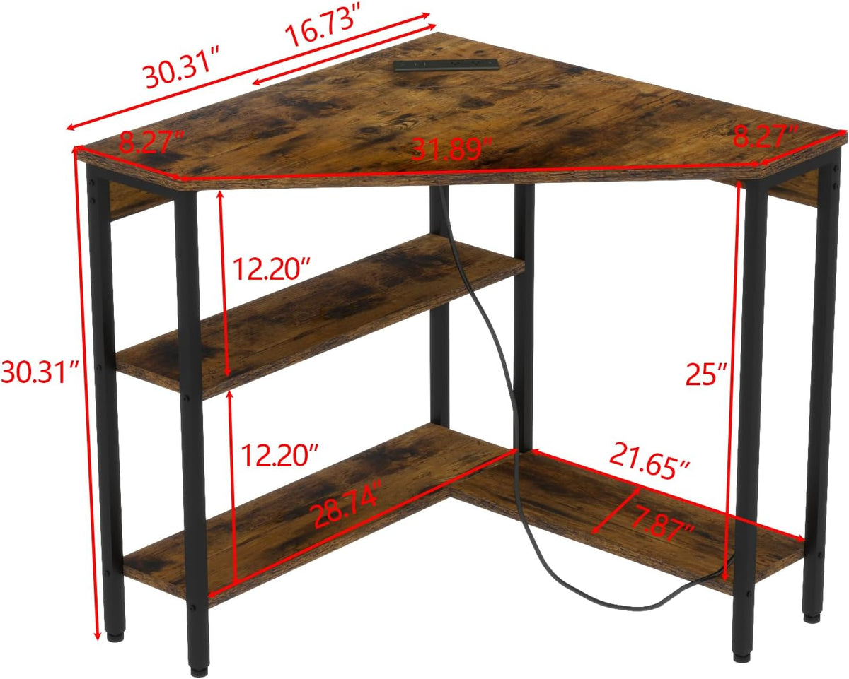 Triangle Corner Desk with Power Outlets, Storage Shelves for Small Space