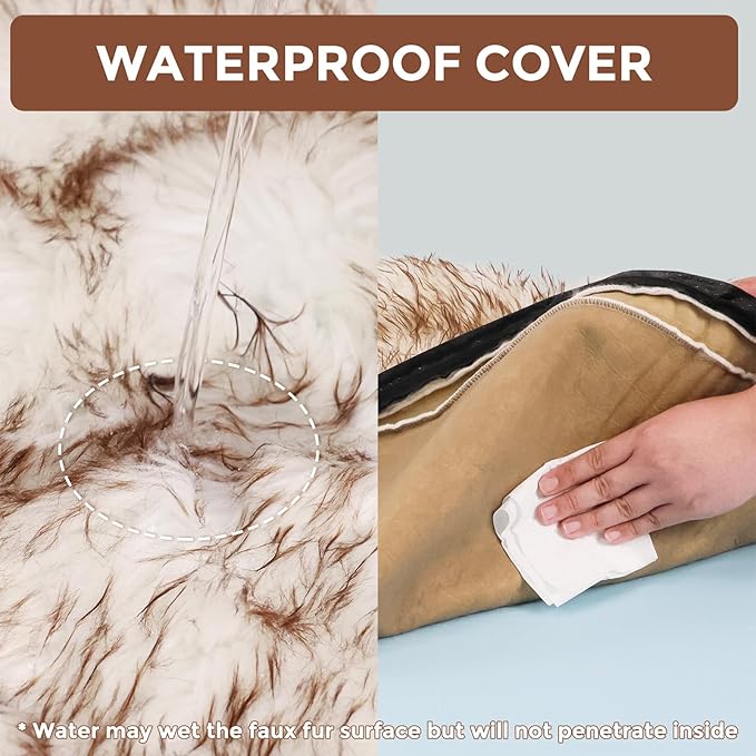 63 Inch Faux Fur Dog Bed for Large/Medium Dogs Orthopedic Beds with Fluffy Faux Fur & Soft Memory Foam for Joint Pain Relief, Machine Washable and Waterproof Dog Couch Beds White with Brown ﻿
